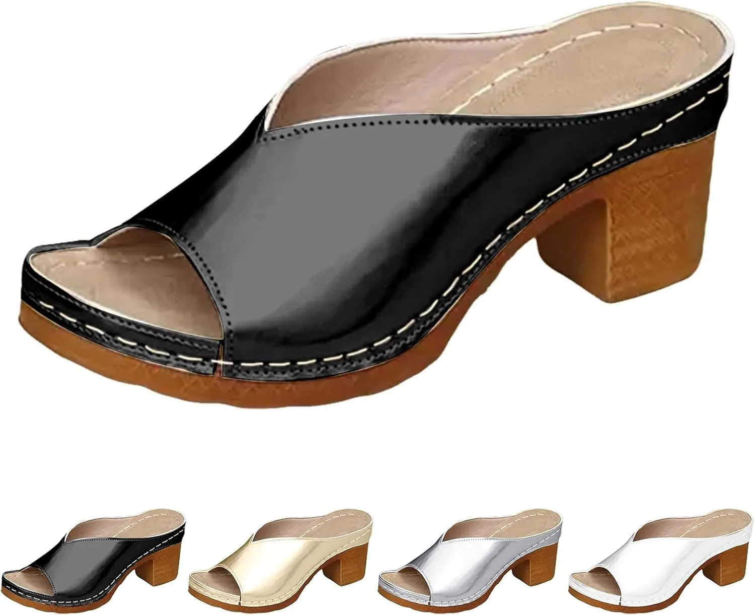 Sandals Women Chunky Heels Low Block Heeled Sandals Comfortable Dressy Orthopedic Shoes with Arch Support Casual Summer Non-Slip Open Toe Shoes Fashion Slip-On Shoe