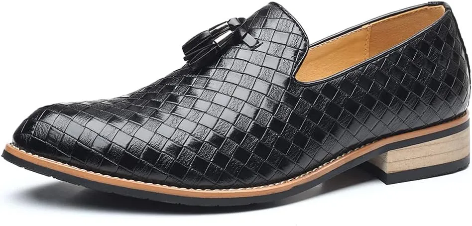Santimon Men's Woven Tassel Smoking Loafers Classic Leather Business Foraml Dress Office Casual Slip On Vintage Brogue Shoes