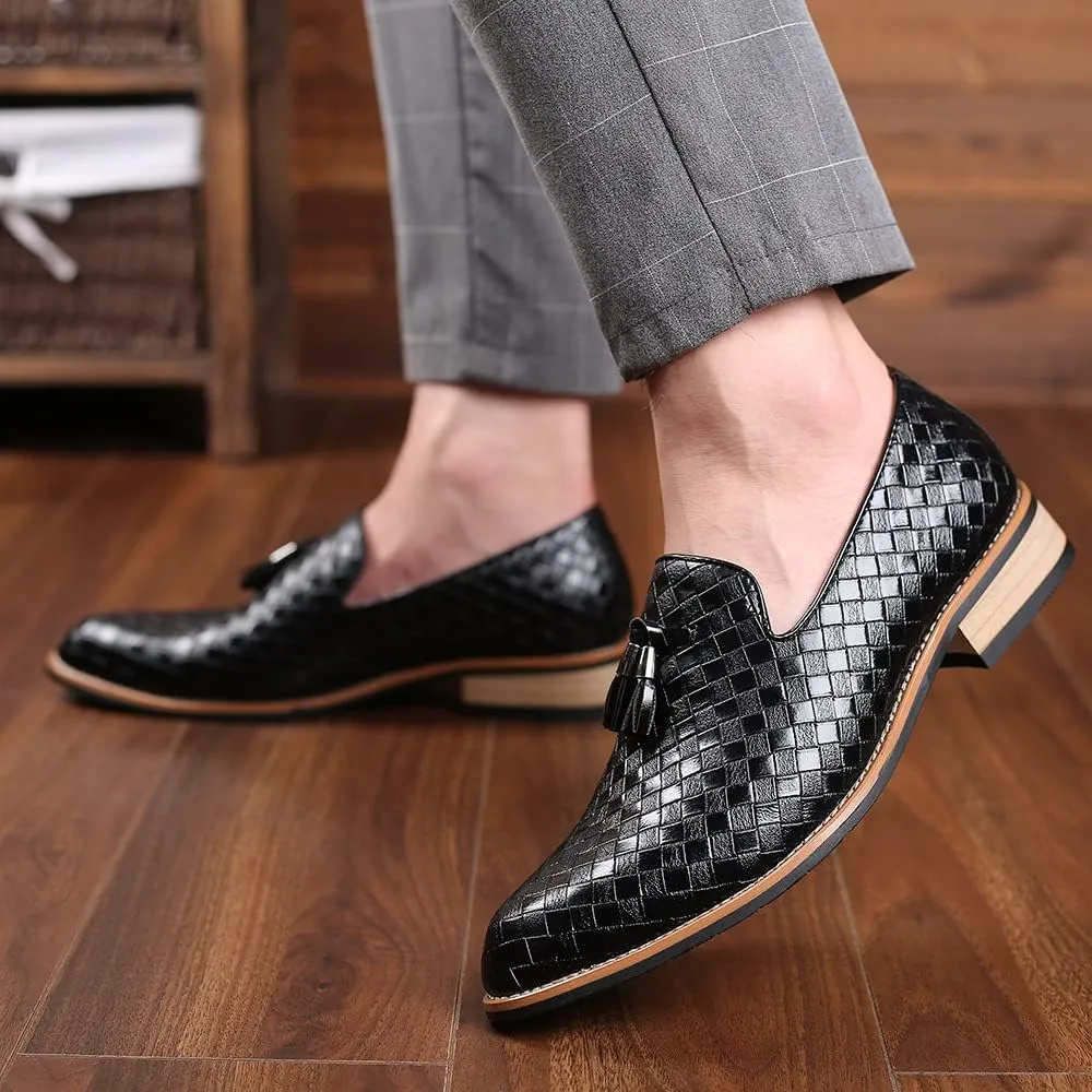 Santimon Men's Woven Tassel Smoking Loafers Classic Leather Business Foraml Dress Office Casual Slip On Vintage Brogue Shoes
