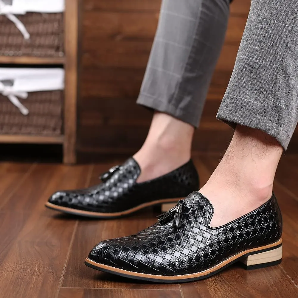 Santimon Men's Woven Tassel Smoking Loafers Classic Leather Business Foraml Dress Office Casual Slip On Vintage Brogue Shoes