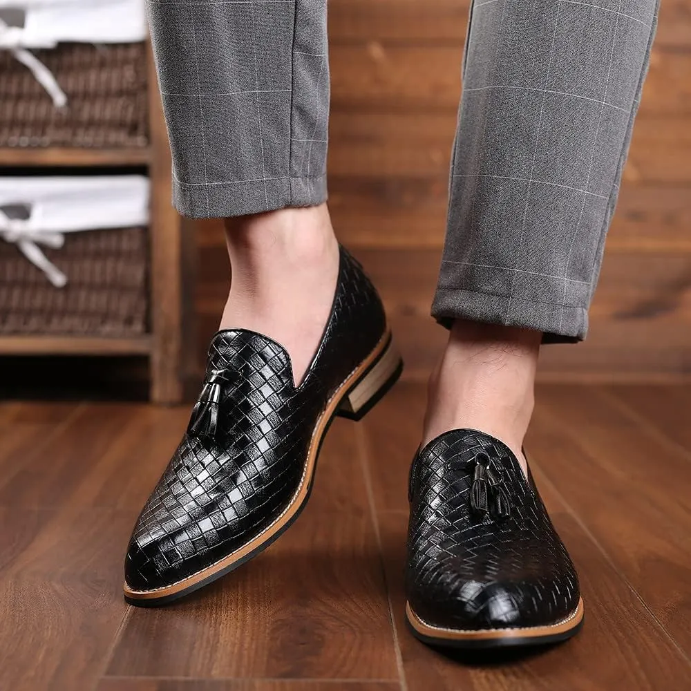 Santimon Men's Woven Tassel Smoking Loafers Classic Leather Business Foraml Dress Office Casual Slip On Vintage Brogue Shoes