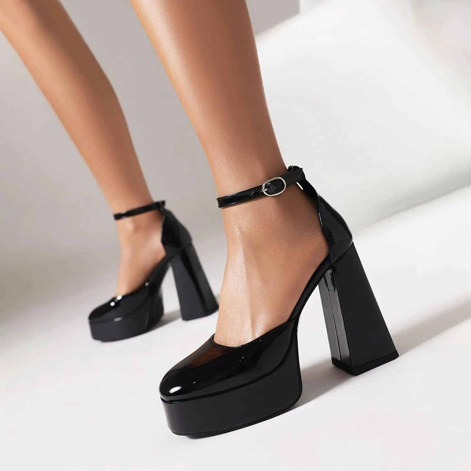 SEIFIN Platform Chunky Heels for Women Ankle Strap Pumps High Heels Sandal Platform Heels Closed Toe Wedding Party Pumps Shoes