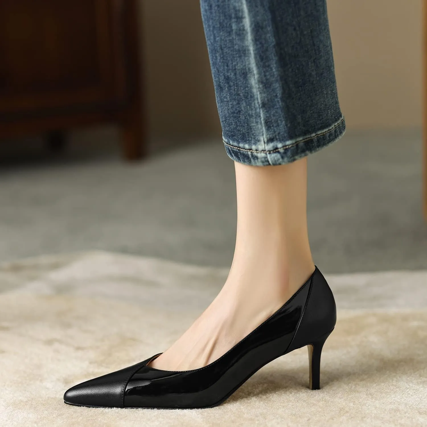 SHODENSE Women Sexy High Heels Stiletto Pumps Pointed Toe Slip On 3" Kitten Heel Dress Shoes Evening Wedding Pump Suede Patent Leather Patchwork Ladies Female Office Party Prom Dance Shoe 4-11 M US