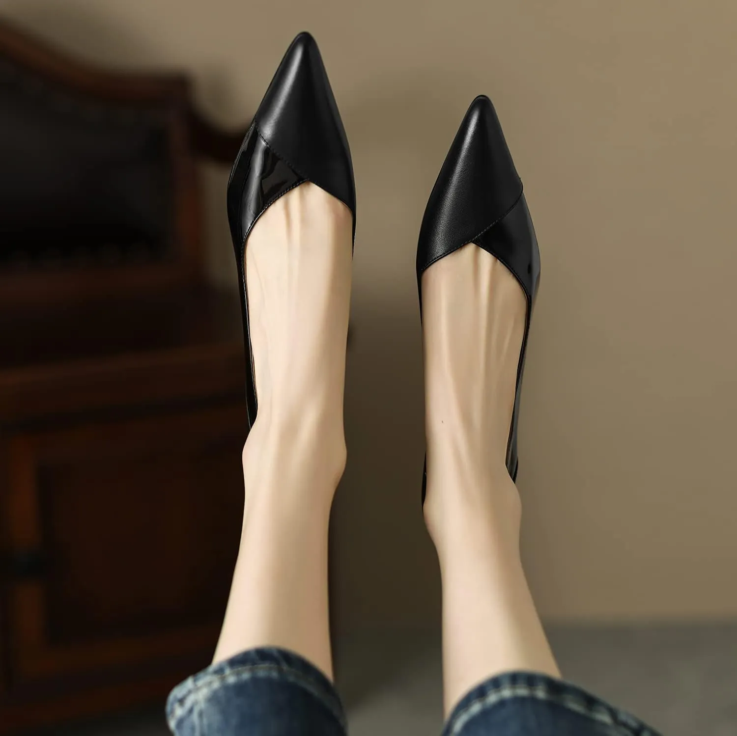 SHODENSE Women Sexy High Heels Stiletto Pumps Pointed Toe Slip On 3" Kitten Heel Dress Shoes Evening Wedding Pump Suede Patent Leather Patchwork Ladies Female Office Party Prom Dance Shoe 4-11 M US