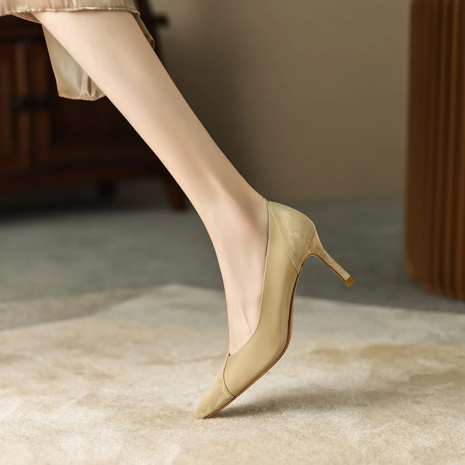 SHODENSE Women Sexy High Heels Stiletto Pumps Pointed Toe Slip On 3" Kitten Heel Dress Shoes Evening Wedding Pump Suede Patent Leather Patchwork Ladies Female Office Party Prom Dance Shoe 4-11 M US