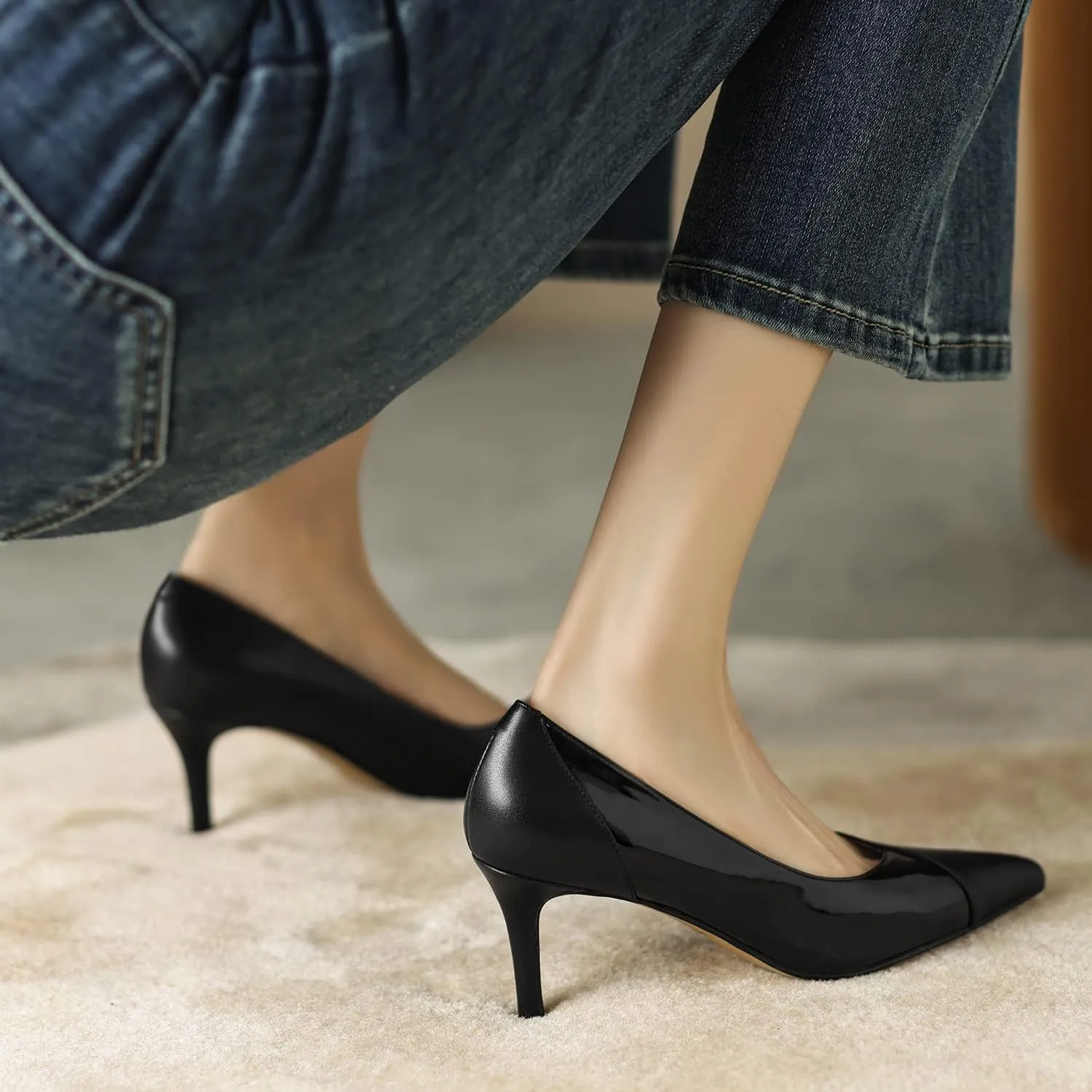 SHODENSE Women Sexy High Heels Stiletto Pumps Pointed Toe Slip On 3" Kitten Heel Dress Shoes Evening Wedding Pump Suede Patent Leather Patchwork Ladies Female Office Party Prom Dance Shoe 4-11 M US