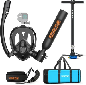 SMACO Mini Scuba Tank with Full Face Mask 0.5L Diving Tank Provide up to 10 Minutes Underwater Breath Support 30ft of Diving Depth, Portbale Pony Bottle with Hand Pump for Shallow Water Diving