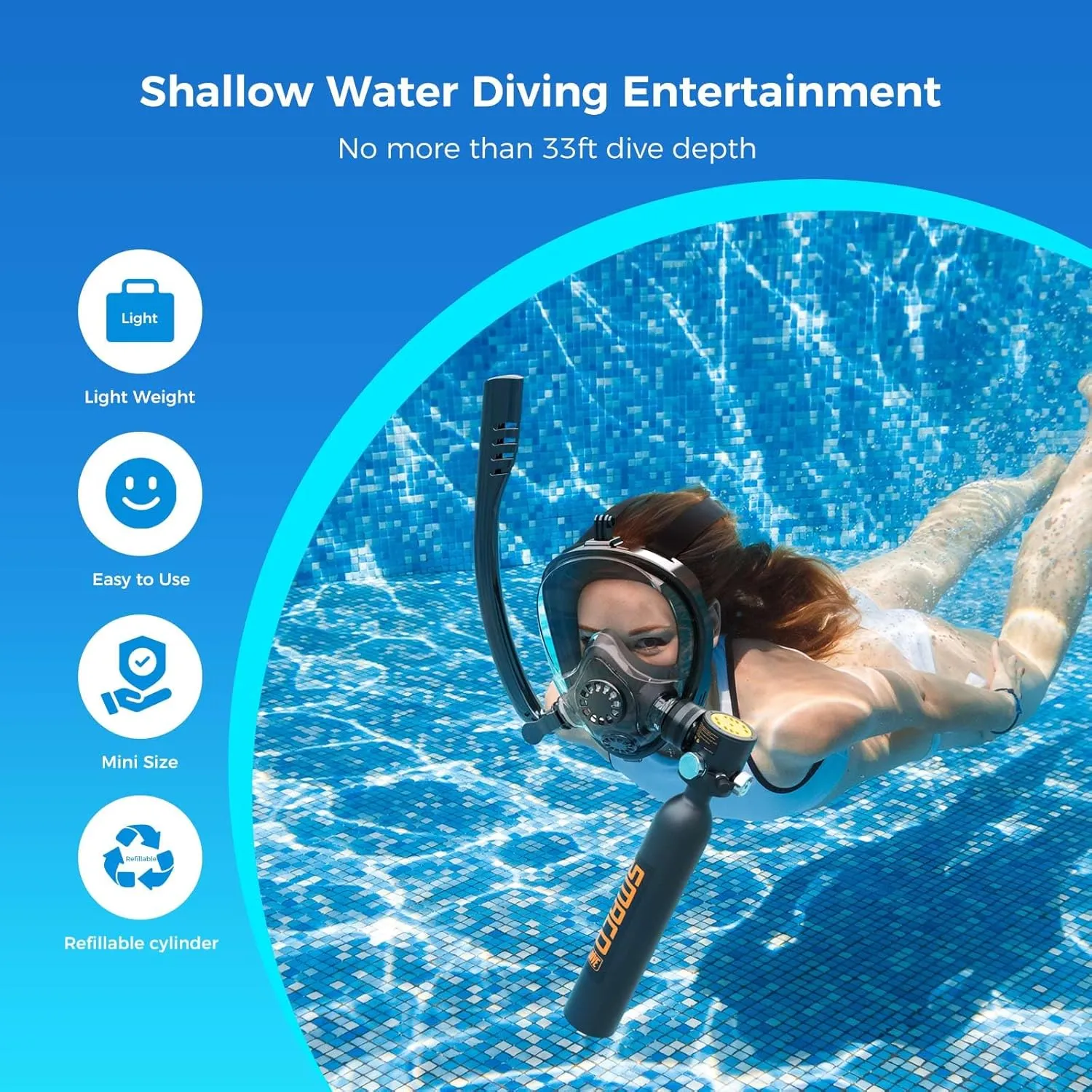 SMACO Mini Scuba Tank with Full Face Mask 0.5L Diving Tank Provide up to 10 Minutes Underwater Breath Support 30ft of Diving Depth, Portbale Pony Bottle with Hand Pump for Shallow Water Diving