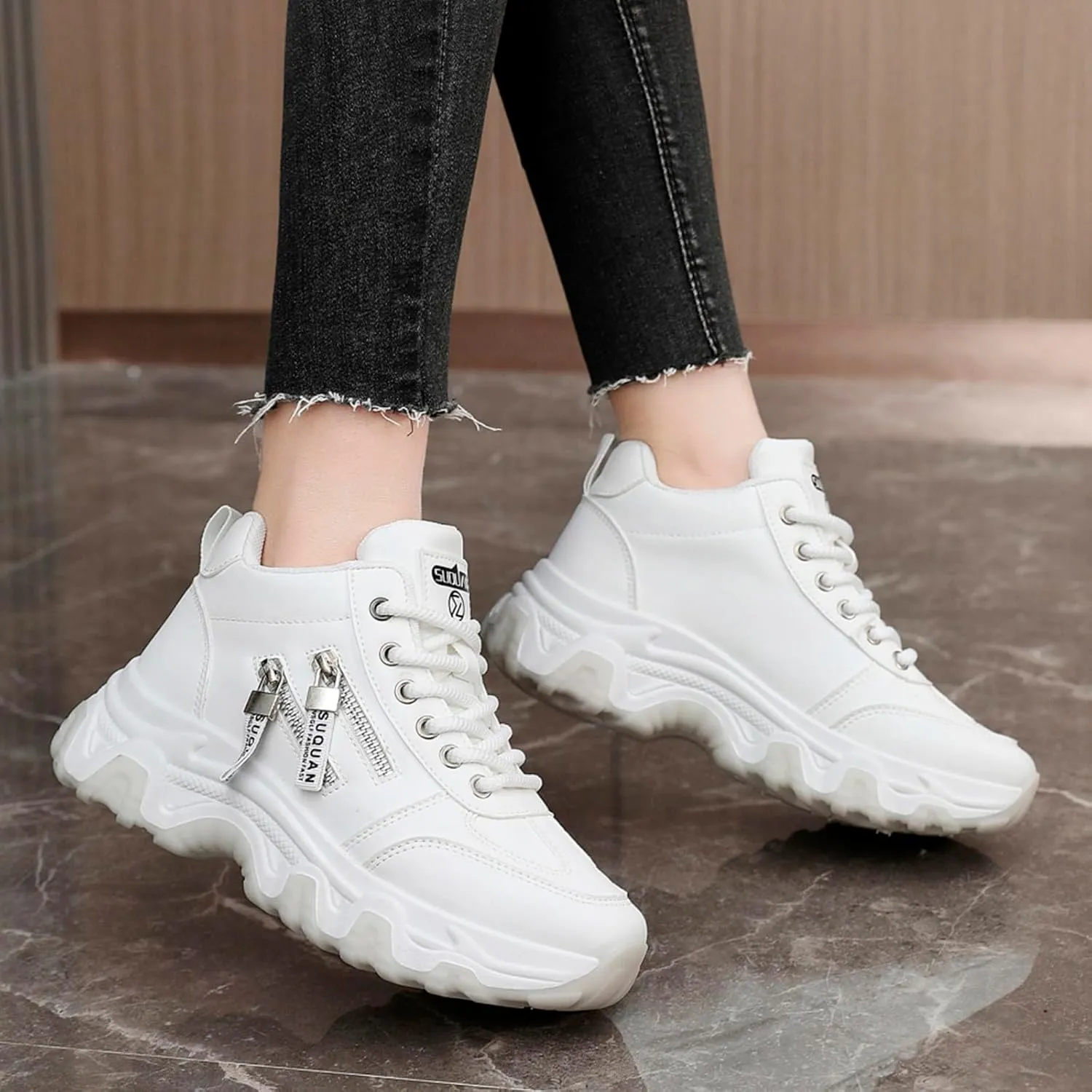 Sneakers Women New Korean Fashion Round Head Lace Up Casual Shoes Thick Bottom Running Shoes Womens 12 Running Shoes