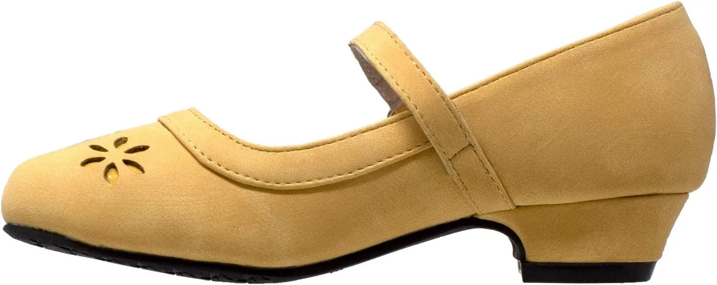 SOBEYO Girls' Dress Shoes Mary Jane Low Heel Flowers Cut Out Accents Leather Lining Insole Comfortable Memory Foam Cushion Wedding Party Princess Pump School Shoe