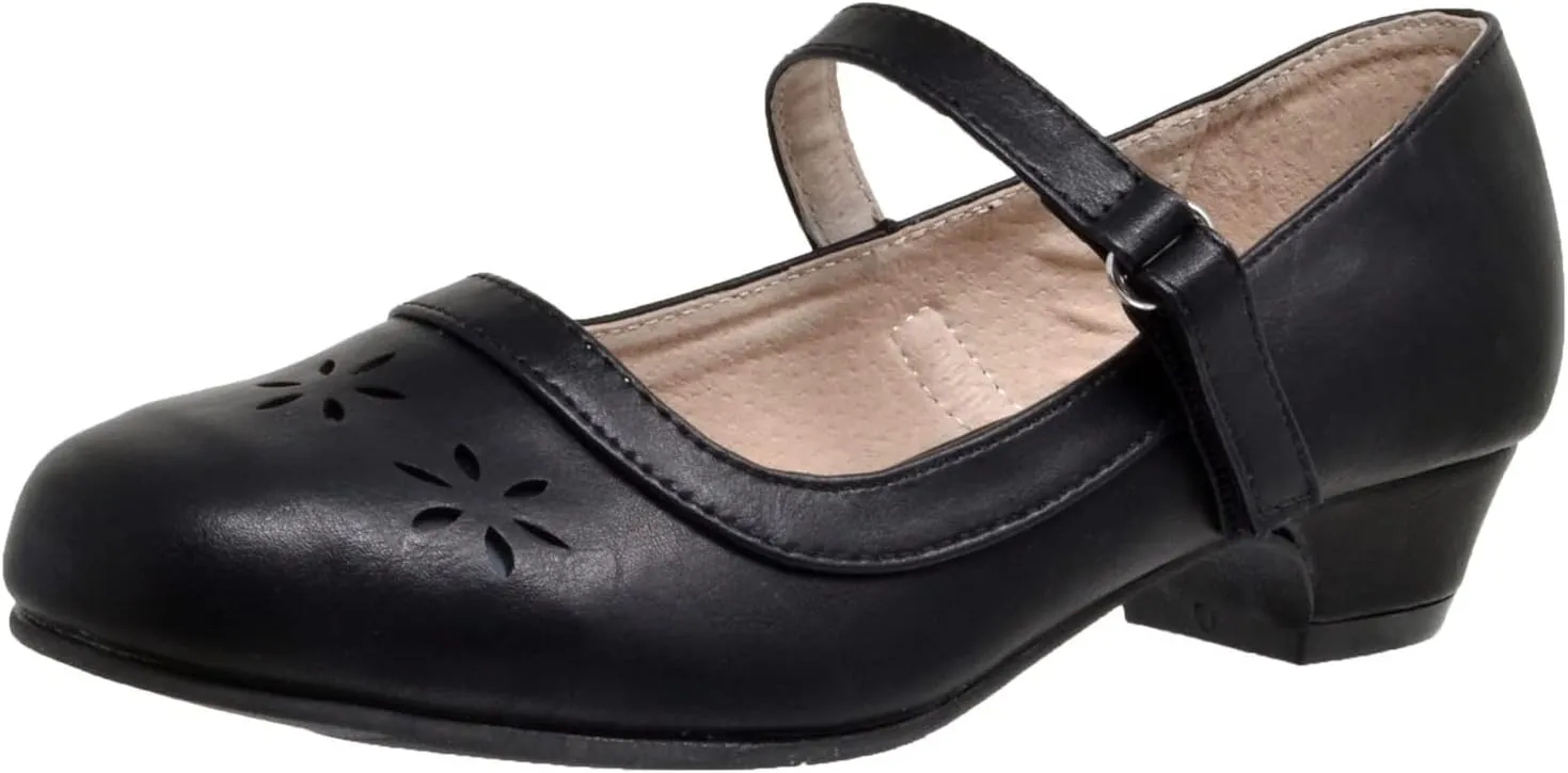 SOBEYO Girls' Dress Shoes Mary Jane Low Heel Flowers Cut Out Accents Leather Lining Insole Comfortable Memory Foam Cushion Wedding Party Princess Pump School Shoe
