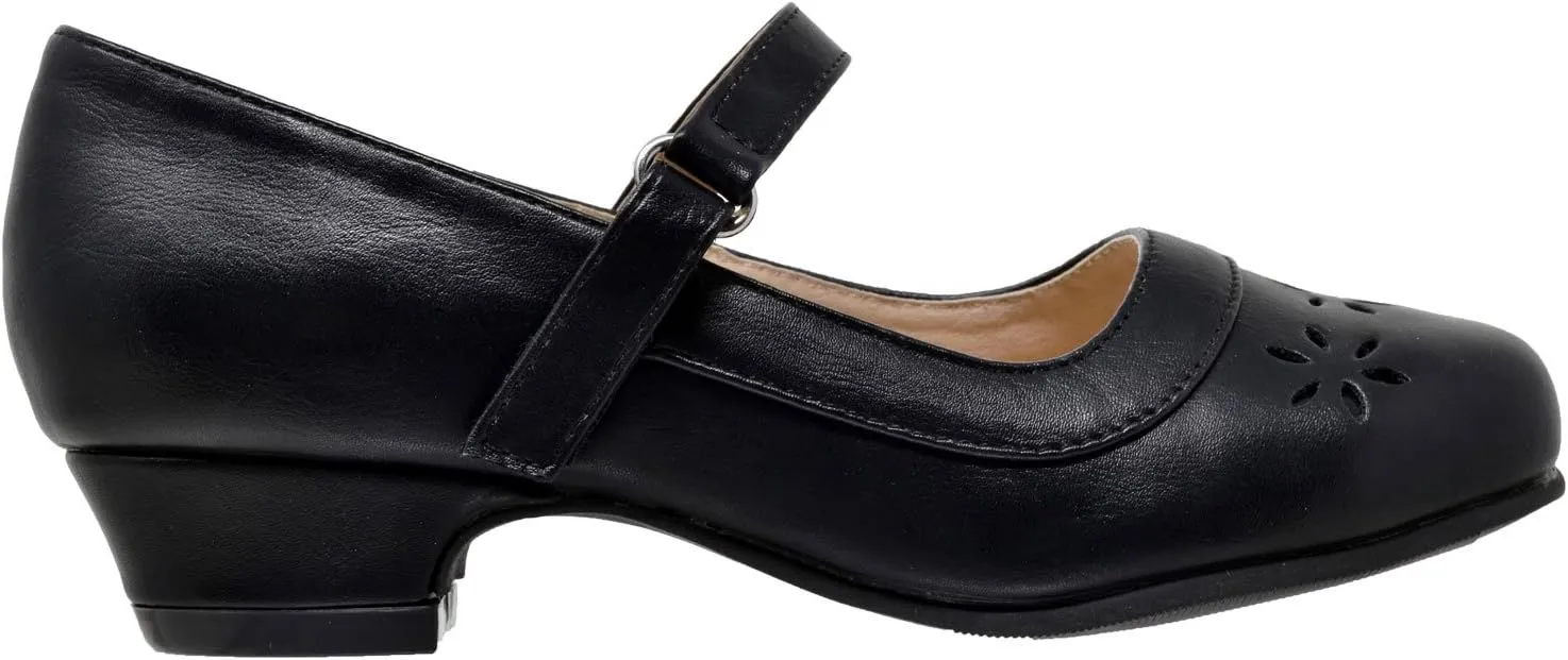 SOBEYO Girls' Dress Shoes Mary Jane Low Heel Flowers Cut Out Accents Leather Lining Insole Comfortable Memory Foam Cushion Wedding Party Princess Pump School Shoe