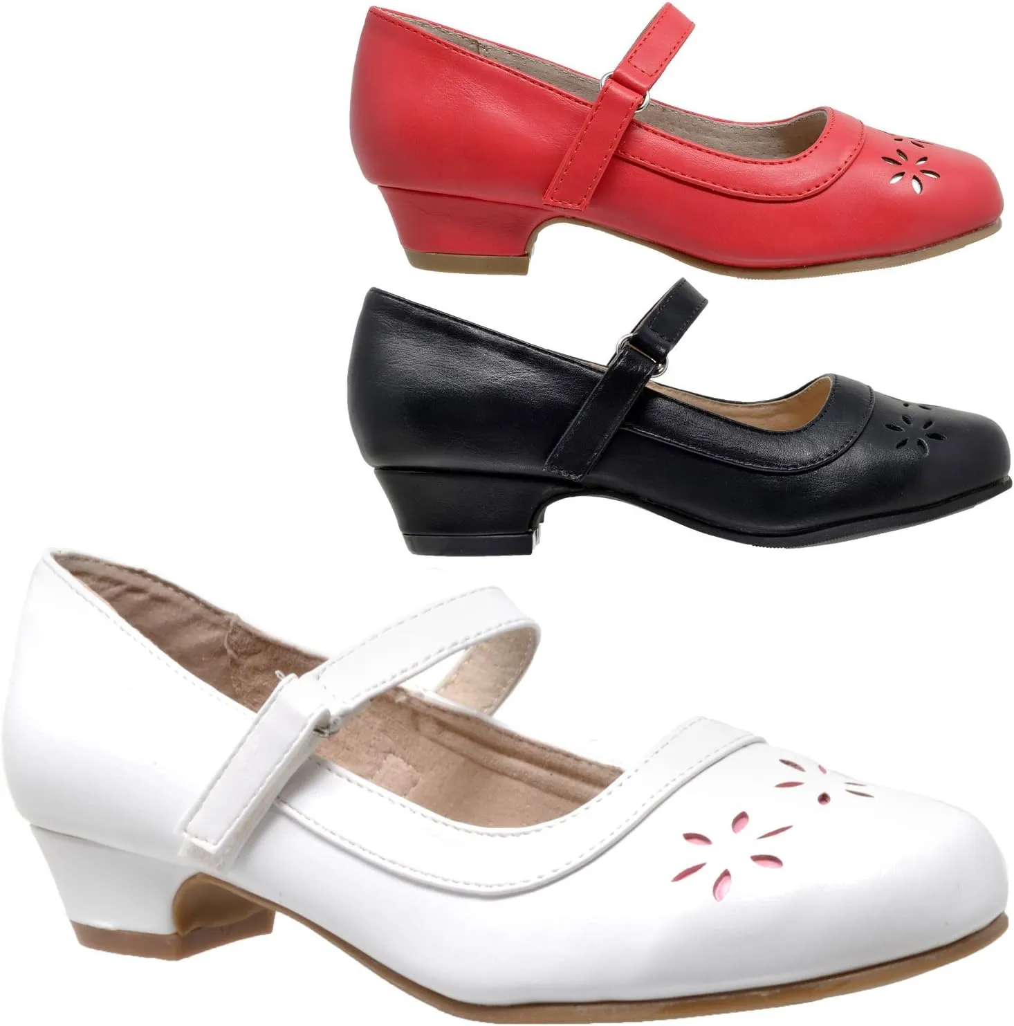 SOBEYO Girls' Dress Shoes Mary Jane Low Heel Flowers Cut Out Accents Leather Lining Insole Comfortable Memory Foam Cushion Wedding Party Princess Pump School Shoe