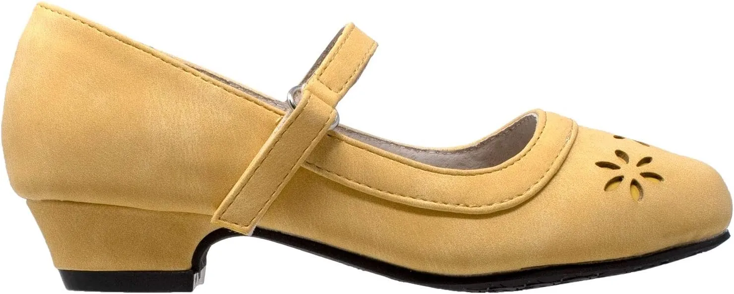 SOBEYO Girls' Dress Shoes Mary Jane Low Heel Flowers Cut Out Accents Leather Lining Insole Comfortable Memory Foam Cushion Wedding Party Princess Pump School Shoe