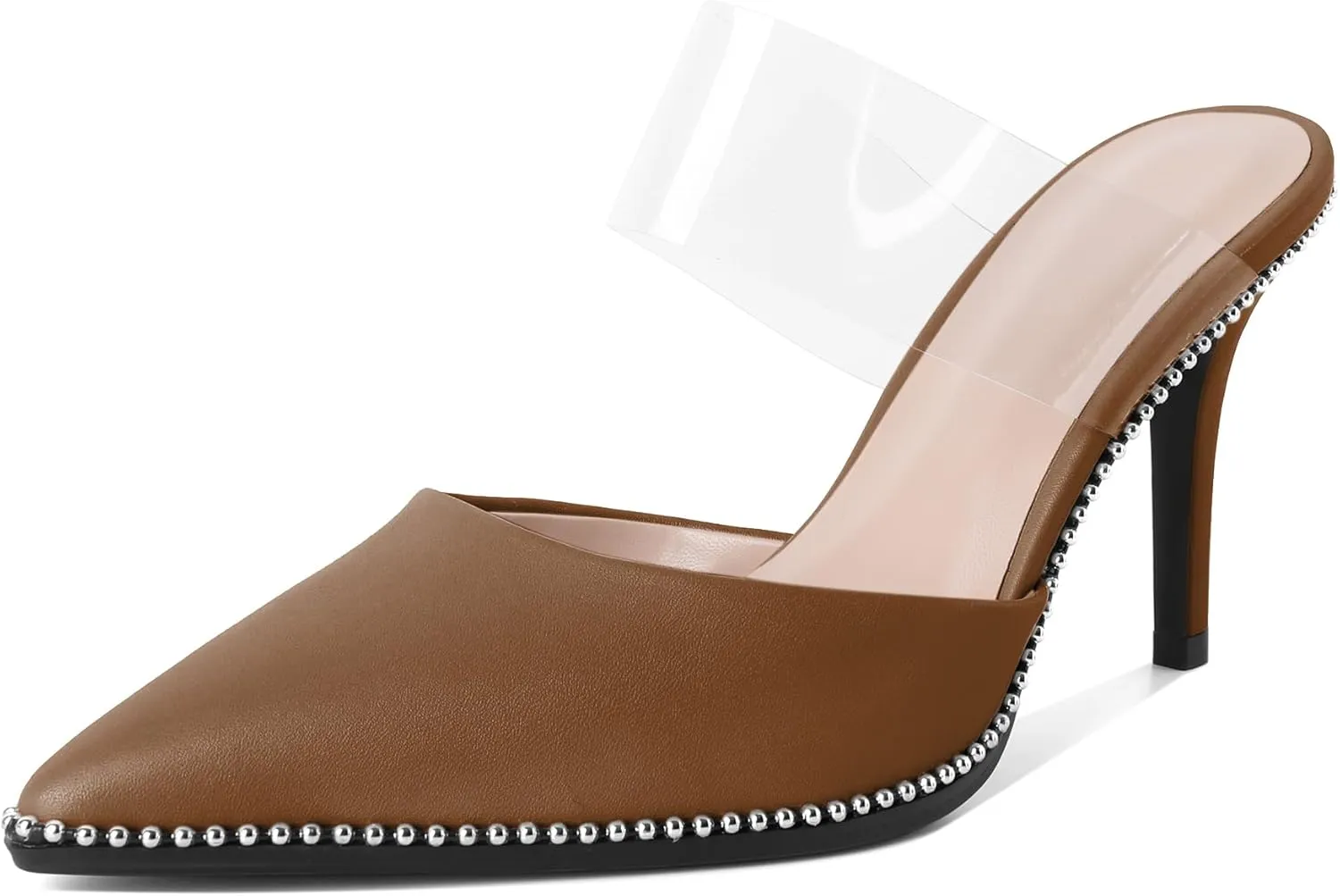 Soireelady Womens Heeled Mules Beaded Sandals Stiletto High Heel Pointed Closed Toe Slip On Clear Ankle Strap Heels Fashion Dress Shoes 3.5 Inches