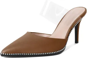 Soireelady Womens Heeled Mules Beaded Sandals Stiletto High Heel Pointed Closed Toe Slip On Clear Ankle Strap Heels Fashion Dress Shoes 3.5 Inches
