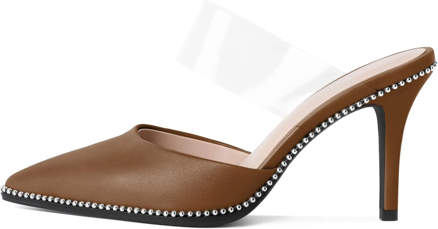 Soireelady Womens Heeled Mules Beaded Sandals Stiletto High Heel Pointed Closed Toe Slip On Clear Ankle Strap Heels Fashion Dress Shoes 3.5 Inches