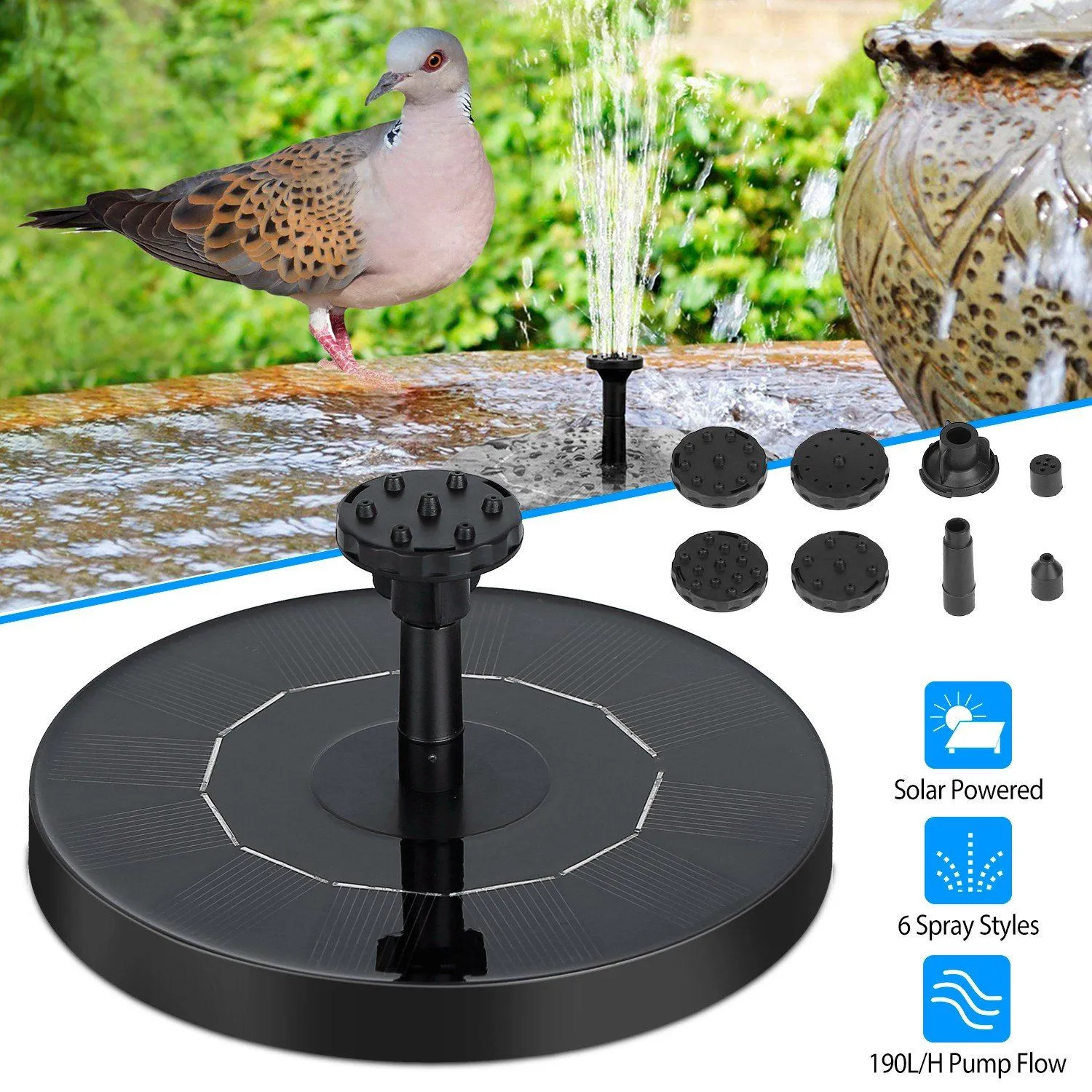 Solar Powered Fountain Pump Floating Bird Bath Pond