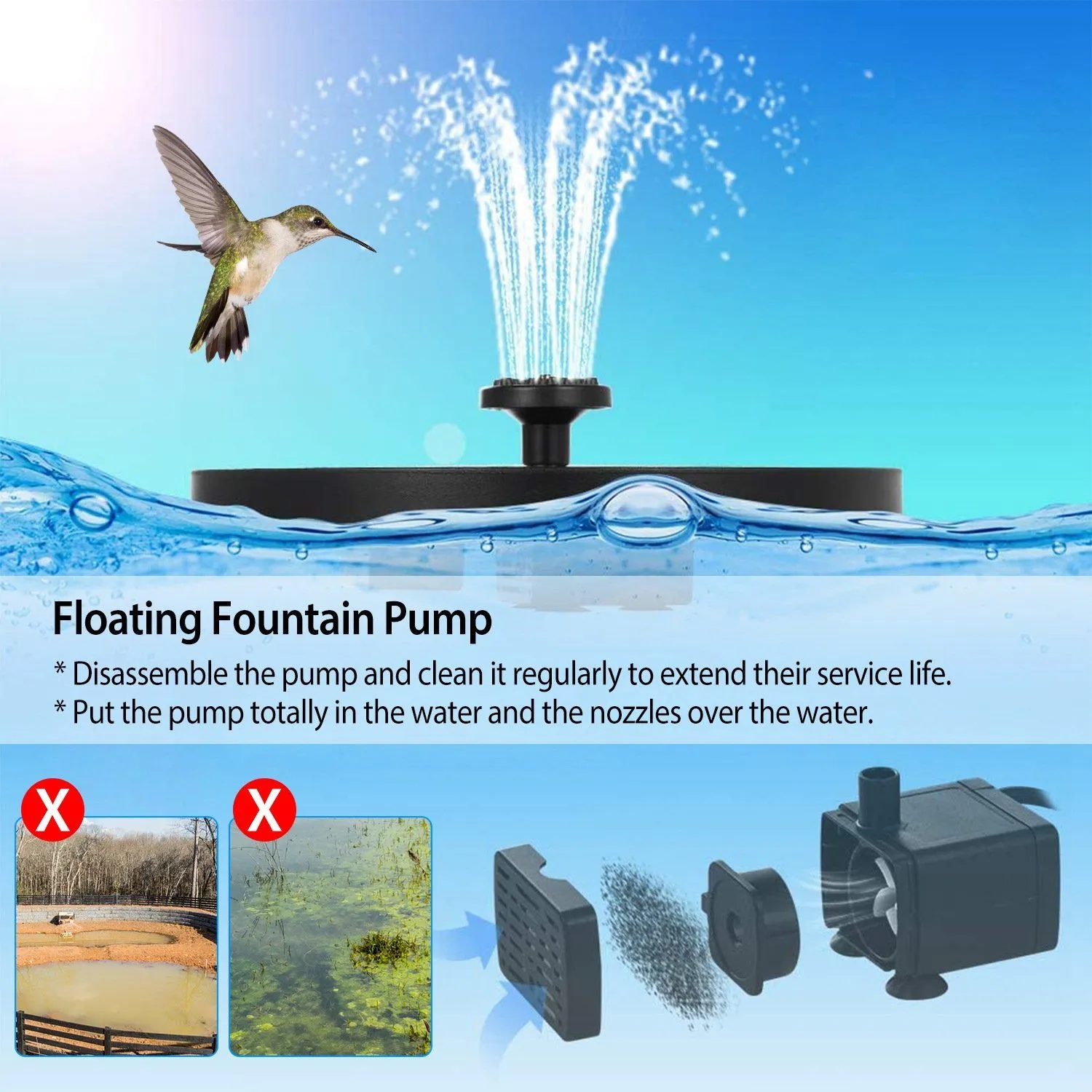 Solar Powered Fountain Pump Floating Bird Bath Pond