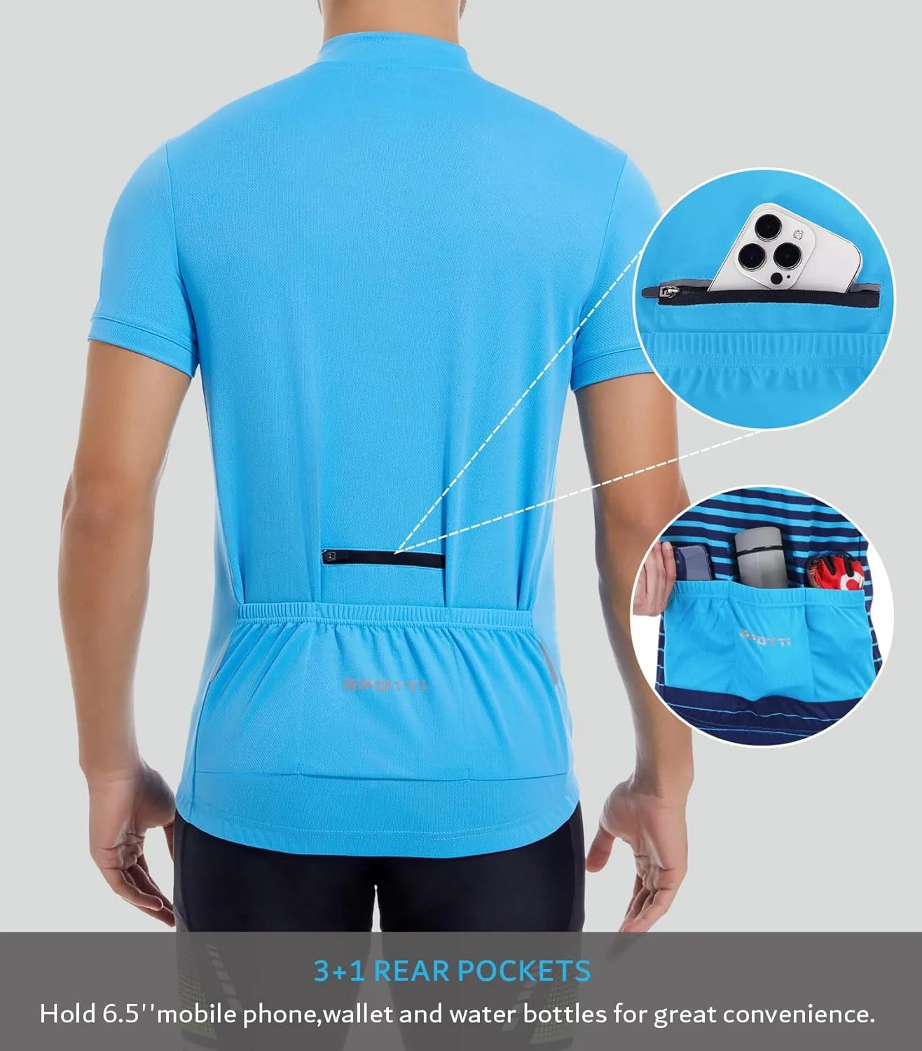 Spotti Men's Cycling Bike Jersey Short Sleeve with 3 Rear Pockets- Moisture Wicking, Breathable, Quick Dry Biking Shirt