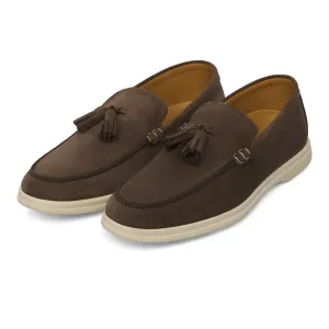Suede Tassel Loafer in Taupe