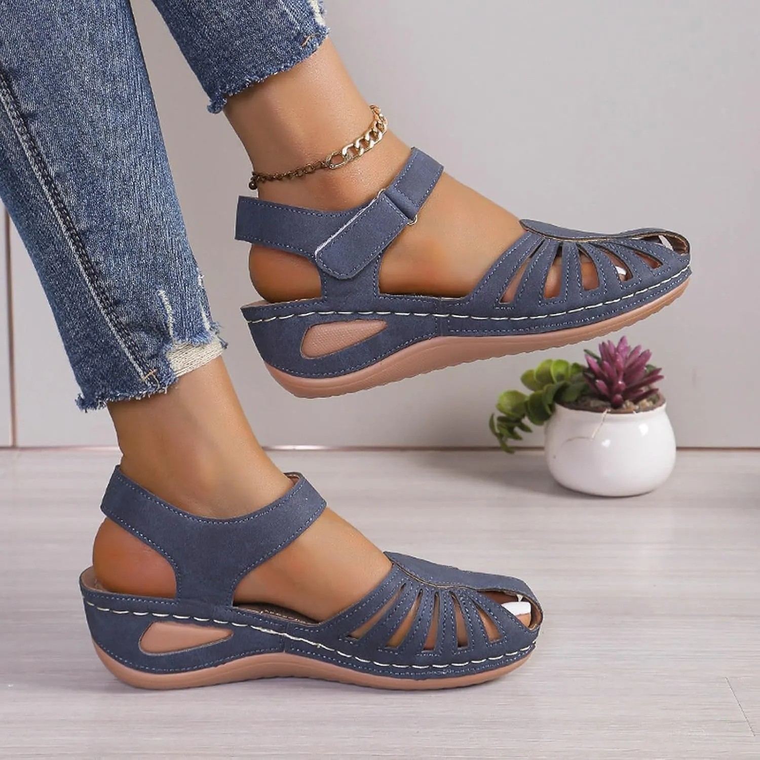 Summer Wedge Sandals For Women Dressy 2025,Arch Support Comfortable Beach Walking Open Toe Flock Platform Sandals Casual Slip on Outdoor Shoes ﻿