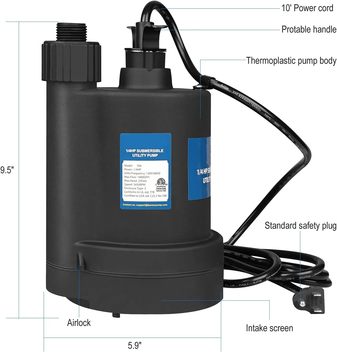 Sump Pump Submersible Pump 1/4 HP Sump Pump 1800 GPH Submersible Utility Pump-Black