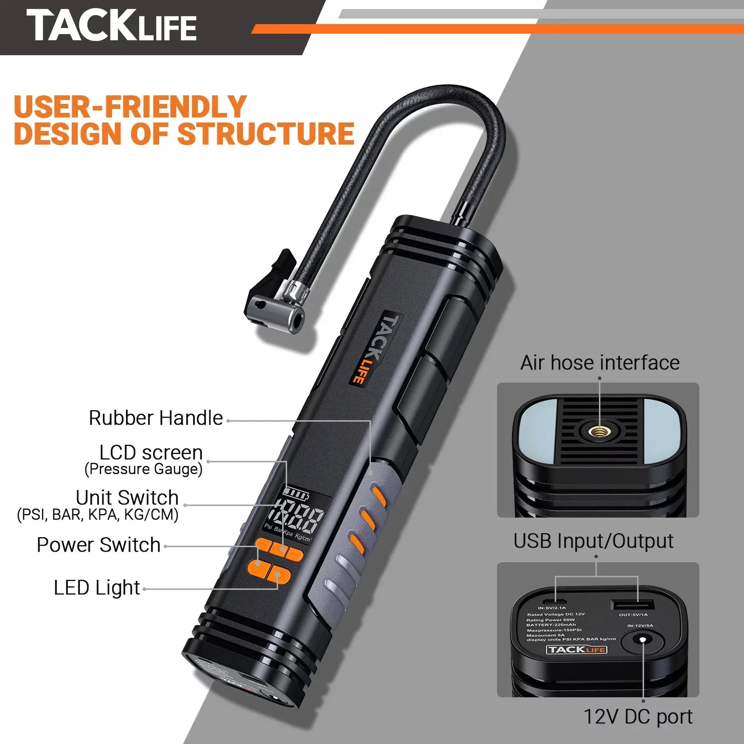 Tacklife X1 Rechargeable Cordless Tire Inflator