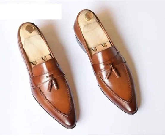 Tan Leather Tassel Moccasins for Men - Handmade Formal Shoes