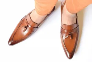 Tan Leather Tassel Moccasins for Men - Handmade Formal Shoes
