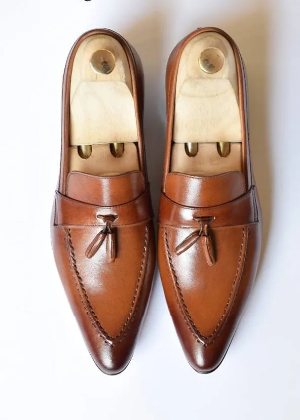 Tan Leather Tassel Moccasins for Men - Handmade Formal Shoes