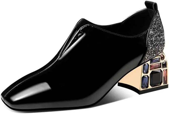 TinaCus Patent Leather Women's Handmade Classic Square Toe Mid Chunky Heel Slip On Glitter Loafer Pump Shoes with Rhinestone