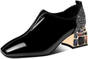 TinaCus Patent Leather Women's Handmade Classic Square Toe Mid Chunky Heel Slip On Glitter Loafer Pump Shoes with Rhinestone