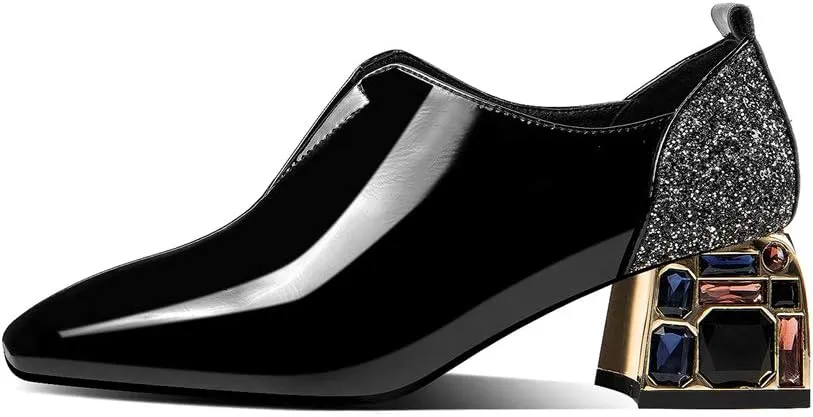 TinaCus Patent Leather Women's Handmade Classic Square Toe Mid Chunky Heel Slip On Glitter Loafer Pump Shoes with Rhinestone