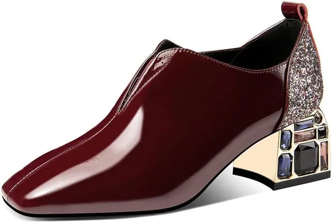 TinaCus Patent Leather Women's Handmade Classic Square Toe Mid Chunky Heel Slip On Glitter Loafer Pump Shoes with Rhinestone