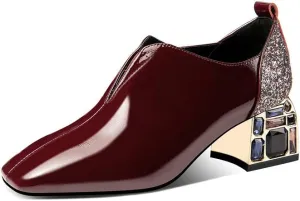 TinaCus Patent Leather Women's Handmade Classic Square Toe Mid Chunky Heel Slip On Glitter Loafer Pump Shoes with Rhinestone