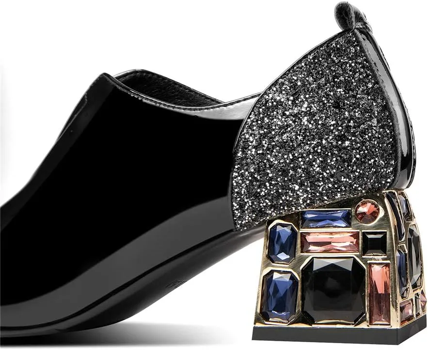TinaCus Patent Leather Women's Handmade Classic Square Toe Mid Chunky Heel Slip On Glitter Loafer Pump Shoes with Rhinestone