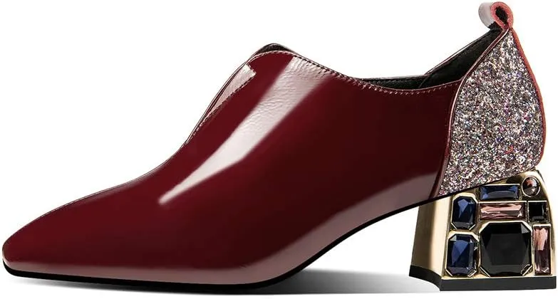 TinaCus Patent Leather Women's Handmade Classic Square Toe Mid Chunky Heel Slip On Glitter Loafer Pump Shoes with Rhinestone