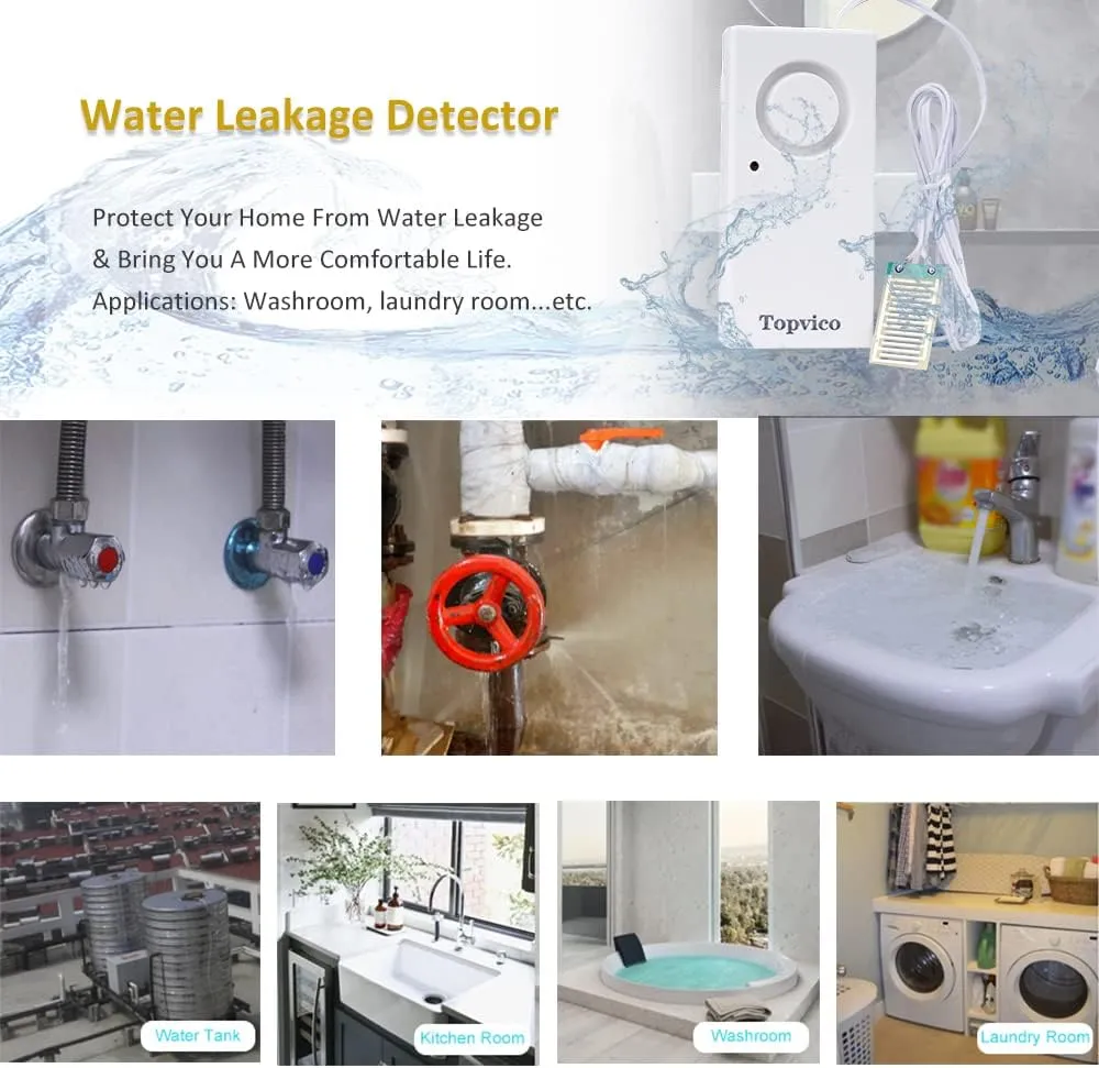 Topvico Water Alarm Leak Detector Moisture Sensor for Basements Sump Pump Dishwasher RV Water Heater Pan High Flood Alert, 120dB Work Alone, Battery Operated, 5 Packs