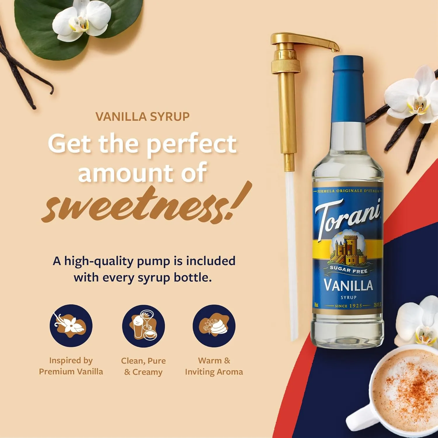 Torani Sugar Free Coffee Syrup, Vanilla Flavored Syrup for Drinks, Zero Calorie, Pump Included, 25.4 Fl Oz