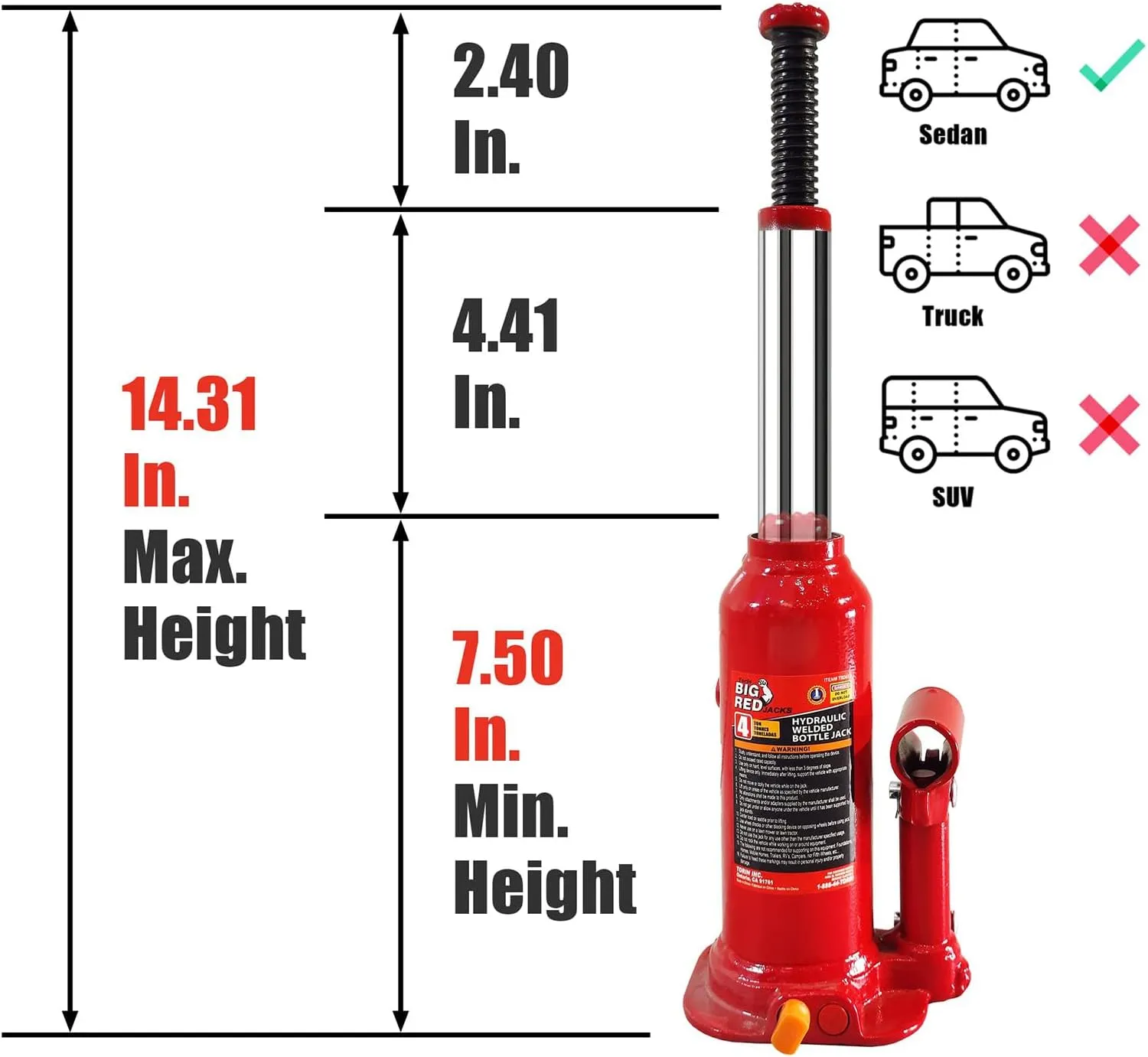 Torin T90413 Big Red Hydraulic Bottle Jack with Carrying Case, 4 Ton (8,000 lb) Capacity