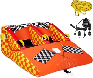 Towable Water Tube | 2 & 3 Person Inflatable Floating Raft for Boating with Cushion Seats, Grip Handles, Dual Tow Points & Speed Safety Valve For Fast Inflation | 12V Air Pump & Tow Rope Included