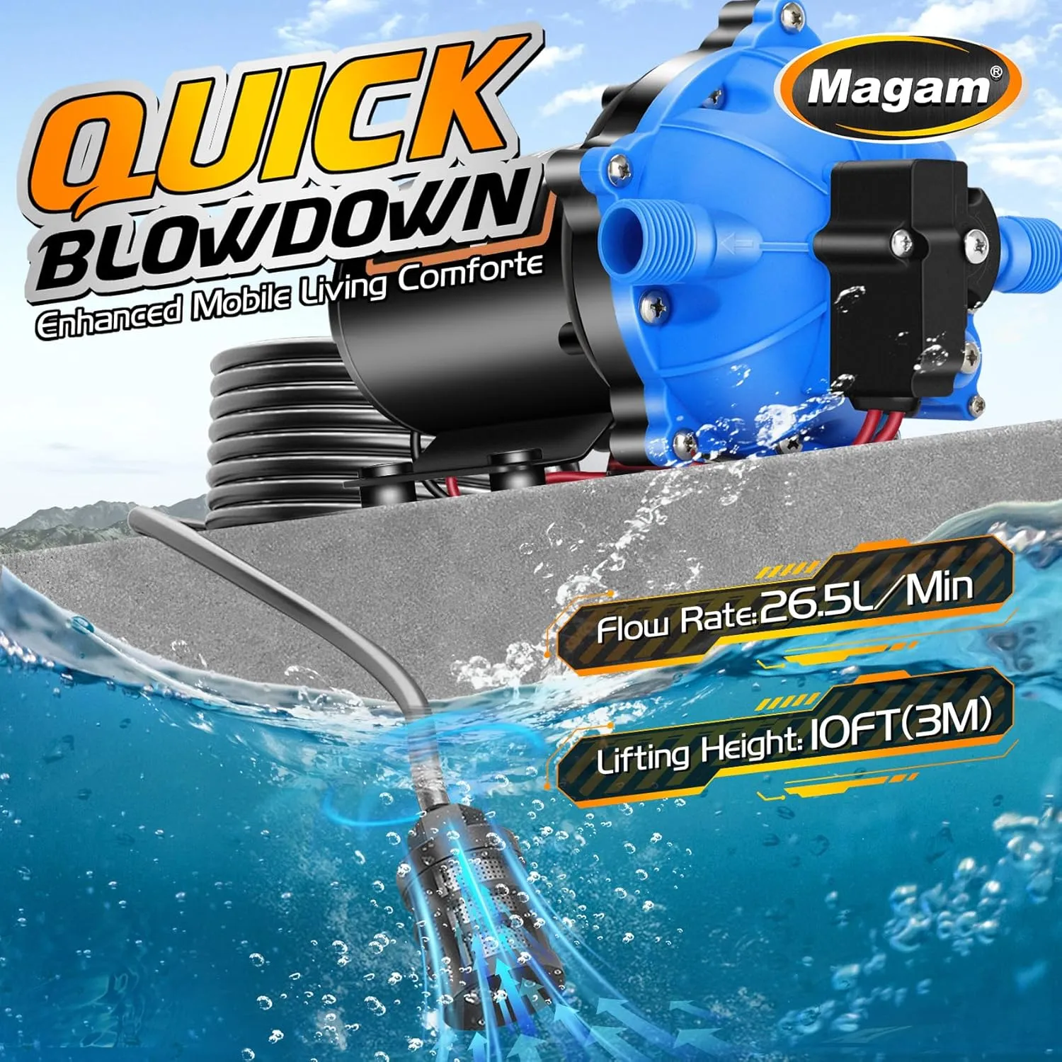Upgraded 12 Volt Water Pump, 7GPM 70PSI, Five Chamber Self-Priming Diaphragm 12V DC RV Fresh Pump with Heavy Duty Pressure Switch & Strainer for Marine, Yacht, Caravan, Camper