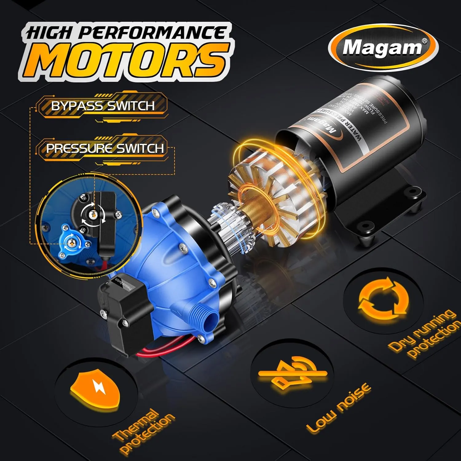 Upgraded 12 Volt Water Pump, 7GPM 70PSI, Five Chamber Self-Priming Diaphragm 12V DC RV Fresh Pump with Heavy Duty Pressure Switch & Strainer for Marine, Yacht, Caravan, Camper