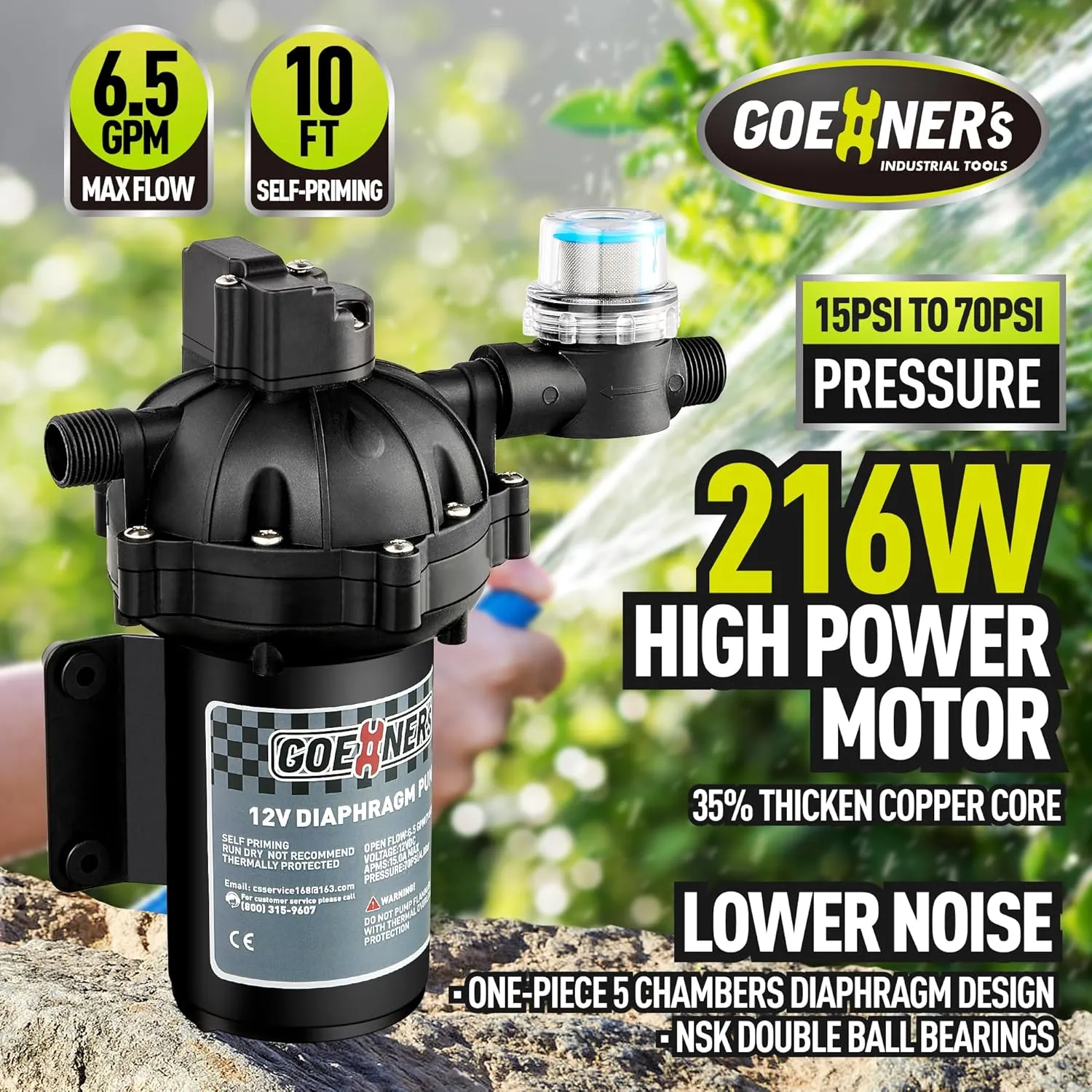 Upgraded Fresh Water Pump, 12V DC - 6.5GPM 70PSI Five Chamber Self-Priming Diaphragm Pump with Heavy Duty Pressure Switch and Strainer for RV, Marine, Yacht, Caravan