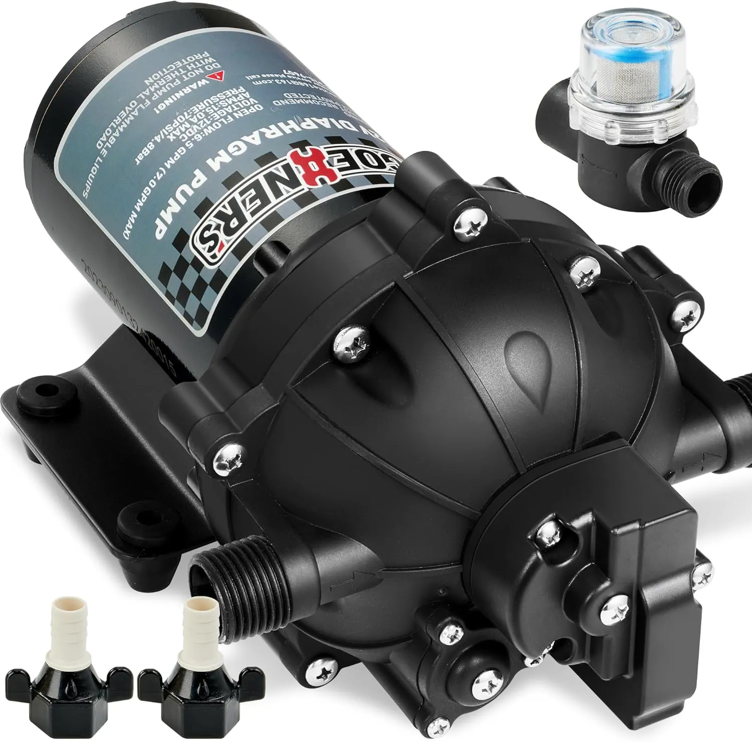 Upgraded Fresh Water Pump, 12V DC - 6.5GPM 70PSI Five Chamber Self-Priming Diaphragm Pump with Heavy Duty Pressure Switch and Strainer for RV, Marine, Yacht, Caravan