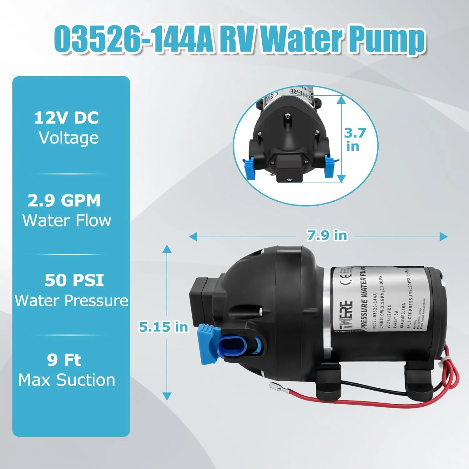 Upgraded R3526144D RV Water Pump,12V DC 3 GPM 50 PSI Triplex Diaphragm Water Pump Compatible With R3526144D/03526-144A RV Water Pump,With Strainer and Pressure Switch for RV Yacht Marine Caravan-Black