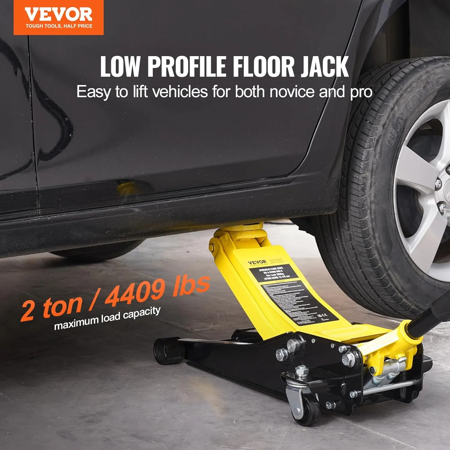 VEVOR Low Profile Floor Jack 2 Ton (4400 lbs), Heavy Duty Iron Hydraulic Racing Floor Jack, Hydraulic Car Jack, Dual Piston Quick Lift Pump, 3"-18.5" Height Lifting Range (Yellow)