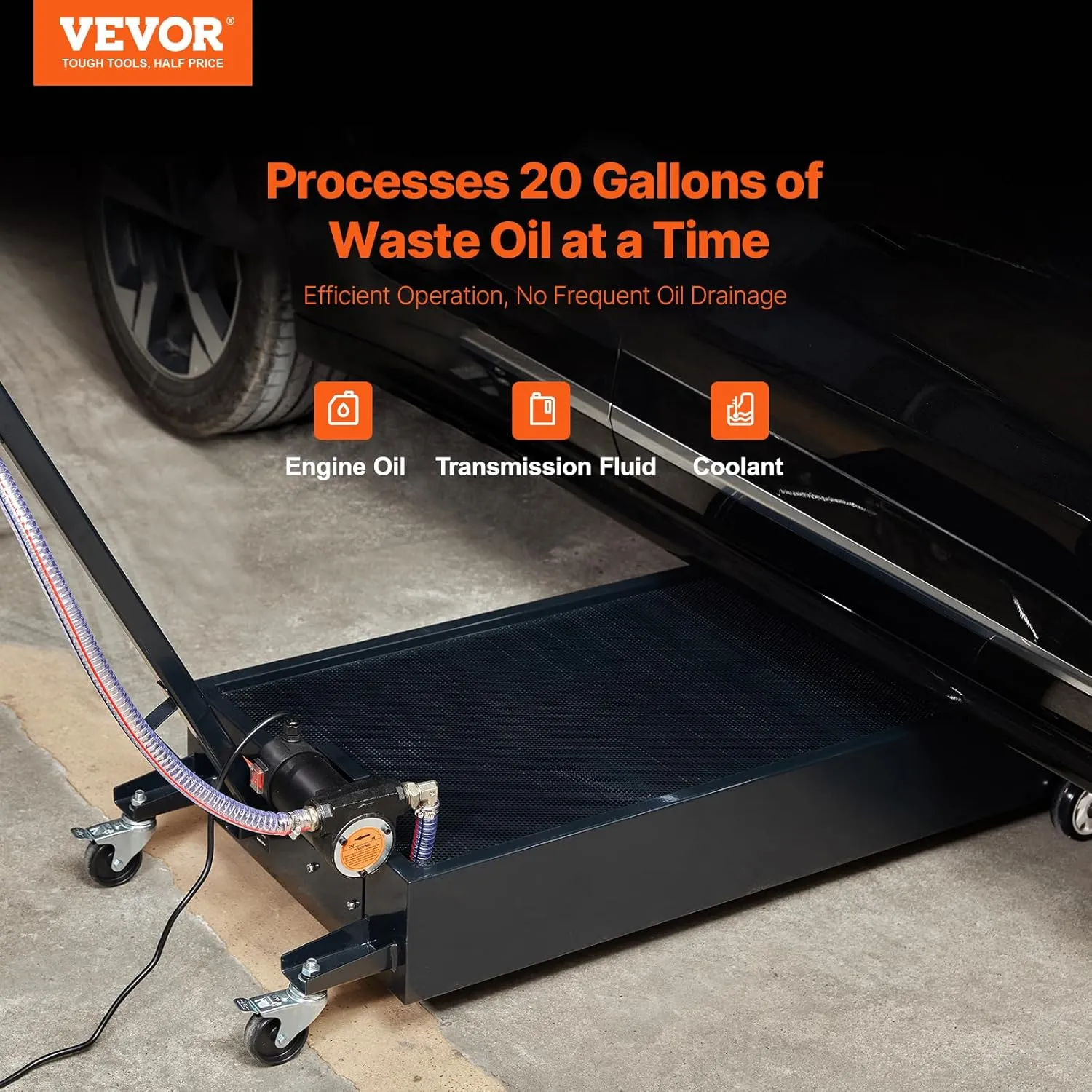 VEVOR Low Profile Oil Drain Pan, 20-Gallon Metal Oil Change Pan, Effective Oil Drain Cart with 180W Electric Pump, Wheels & Folding Handle, Oil Drain Tank for Cars, SUVs, Trucks, Buses, RVs