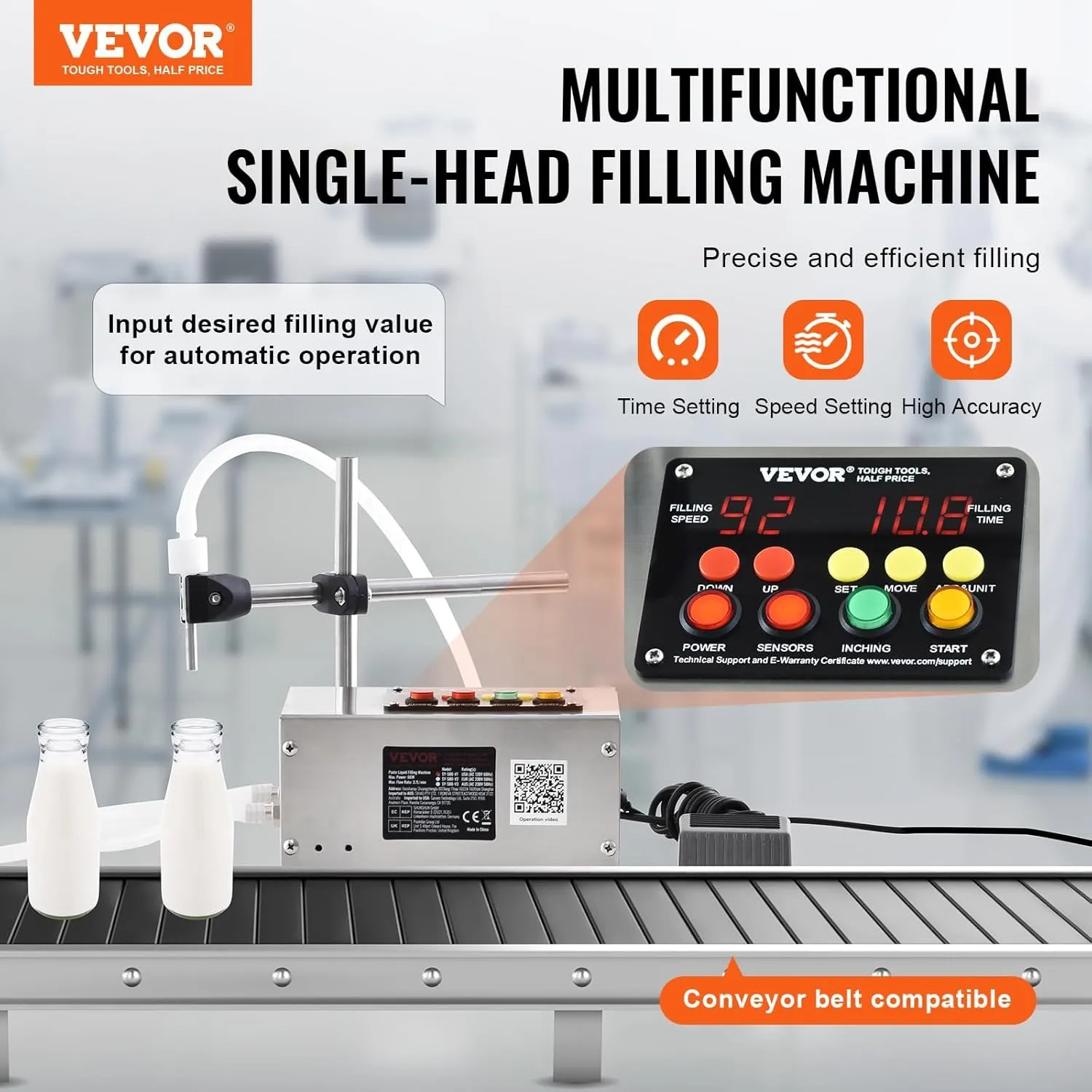 VEVOR Paste Liquid Filling Machine 10-4000ml, Automatic Bottle Filling Machine Digital Control for Milk, Water, Wine, Beverage, Soy Sauce, Vinegar, Alcohol (Single Nozzle),